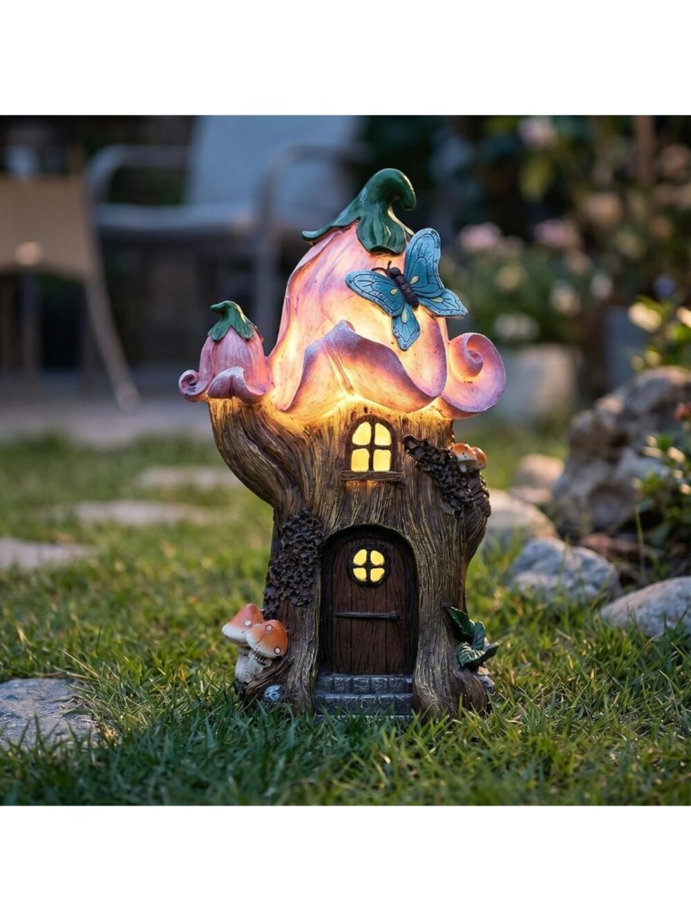 Charming Solar Fairy House Garden Ornament with LED Light - Hand-Painted Decor